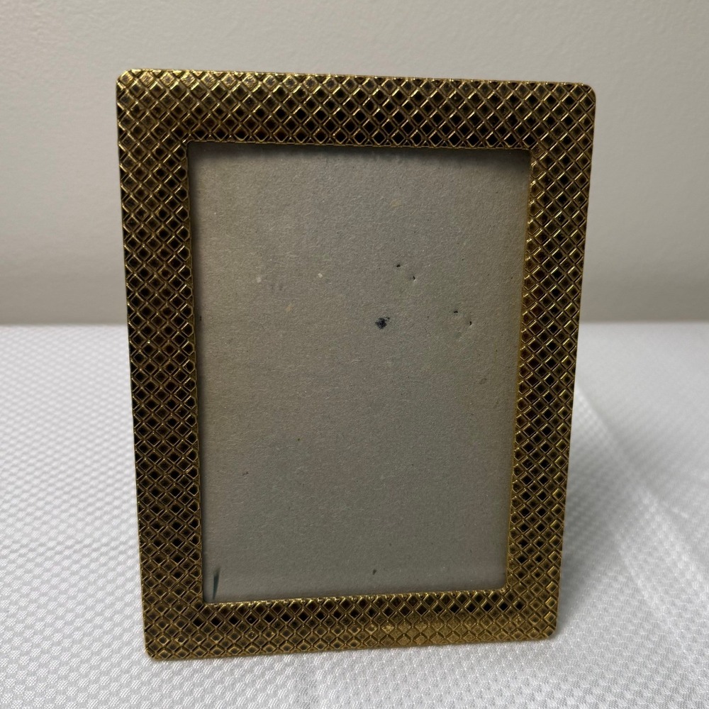 Vtg Gold Tone Metal Picture Frame Diamond Embossed Pattern Hollywood Regency